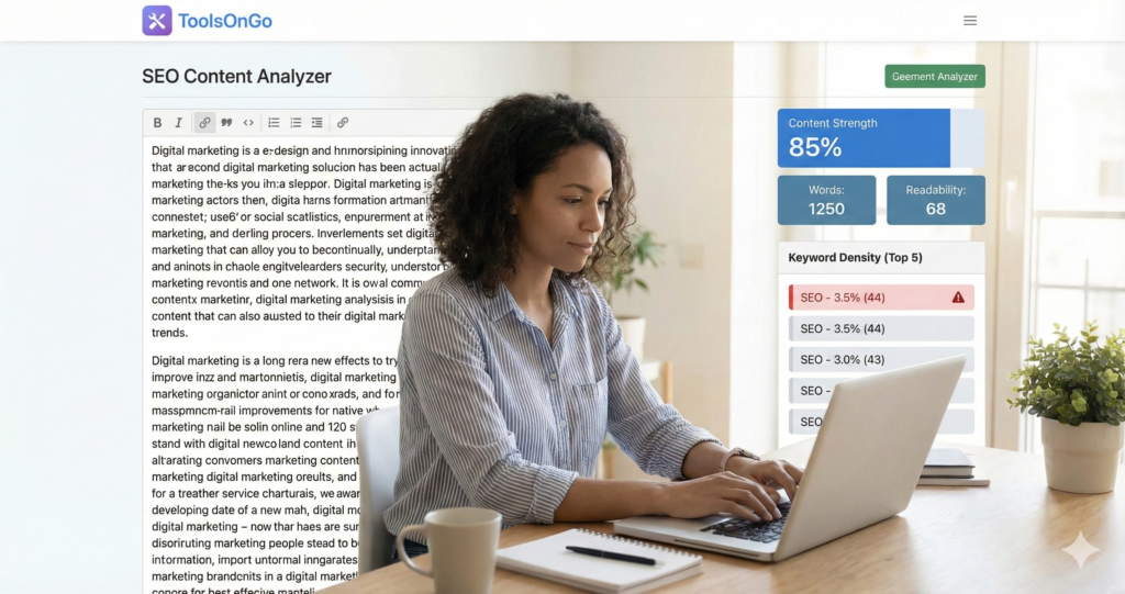 Optimize Your Writing with the Free SEO Content Analyzer
Ranking on Google in 2026 requires more than just keywords; it requires quality, readability, and privacy. The ToolsOnGo Free SEO Content Analyzer is a professional-grade utility designed to give you an immediate edge in the SERPs (Search Engine Results Pages).
Whether you're polishing a blog post, a product description, or an academic essay, our tool provides the data-driven insights you need to succeed.
100% Privacy: Your Content, Your Business
Most online SEO editors upload your text to their servers. We don't. Our analyzer uses local browser processing. This means:
Zero Data Retention: Your text is never saved or seen by us.
Instant Results: No waiting for server responses; analysis happens as you type.
Security: Perfect for sensitive corporate documents or unpublished proprietary ideas.
Key Features of the ToolsOnGo Analyzer
1. Flesch Reading Ease Score
Google’s algorithms increasingly favor content that is easy for humans to digest. Our tool calculates your Flesch Reading Ease score instantly. Aim for a score of 60-70 to ensure your content is accessible to a broad audience, reducing bounce rates and increasing dwell time.
2. Advanced Keyword Density Tracking
Avoid the "Keyword Stuffing" trap. Our analyzer tracks your top 5 keywords and calculates their density percentage. If a word exceeds 3%, our tool highlights it in red, signaling that you should diversify your vocabulary to avoid search engine penalties.
3. Real-Time Word & Sentence Counter
Length matters for SEO. While quality is king, long-form content (1,000+ words) often ranks higher for competitive terms. Track your progress live without ever leaving the editor.
How to Improve Your SEO Score
To get a 100% Content Strength score in our analyzer, follow these best practices:
Increase Word Count: Aim for at least 600-800 words for standard blog posts.
Simplify Sentences: If your readability score is low, break long sentences into two.
Monitor Density: Ensure your primary focus keyphrase stays between 1% and 2.5%.
Use Subheadings: Although this tool analyzes text, remember to use H2 and H3 tags in your WordPress editor for structure.
Frequently Asked Questions
Q: Is this SEO analyzer really free? A: Yes. ToolsOnGo provides 100% free business and productivity tools. There are no hidden fees, subscriptions, or limits.
Q: Why should I trust your readability score? A: We use the industry-standard Flesch-Kincaid mathematical formula, the same logic used by major SEO plugins like Yoast and RankMath.
Q: Does this tool work on mobile? A: Absolutely. The ToolsOnGo Free SEO Content Analyzer is fully responsive and optimized for mobile browsers, allowing you to audit content on the go.
